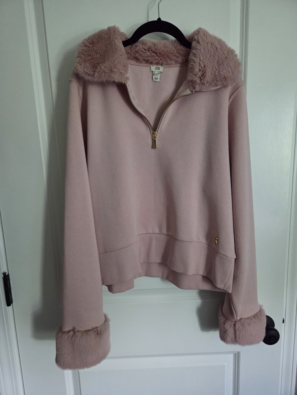 River Island Pink Faux Fur Trim Zip Sweatshirt